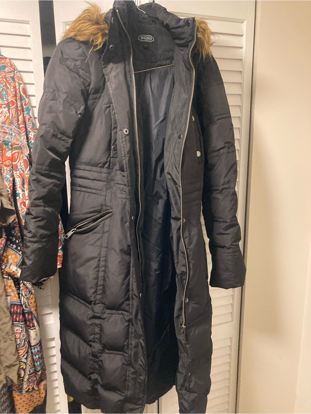 BGSD Long Black Quilted Puffer Coat with Faux Fur Trim Hood